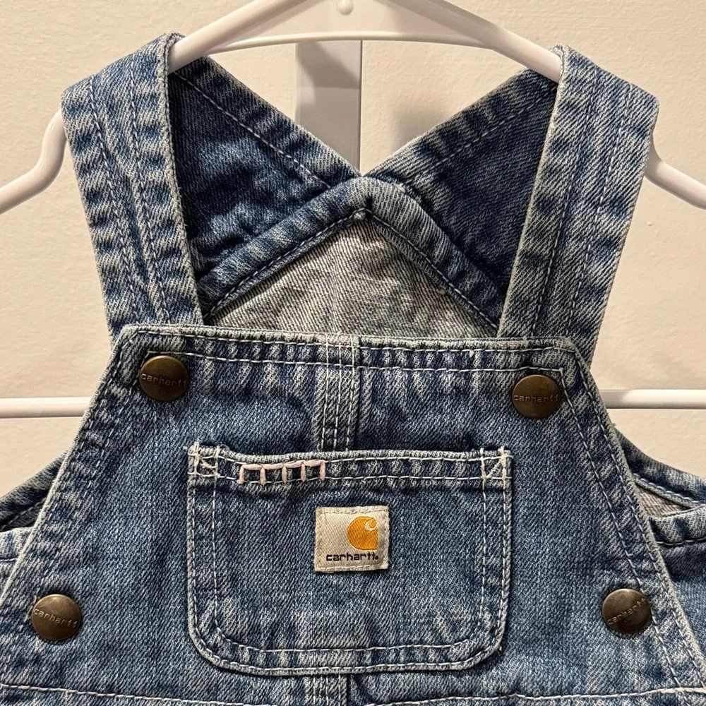 Carhartt Kids Denim Overalls Baby Girl Size 12M Floral Embroidery Blue Bib